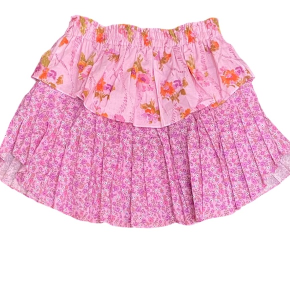 LoveShackFancy Ruffled Two Tier Mini Skirt in Exploded Pink  Floral Size M - Picture 5 of 12
